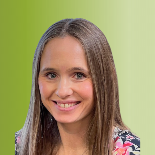 Person wearing a floral-patterned top with straight hair, against a green gradient background.
