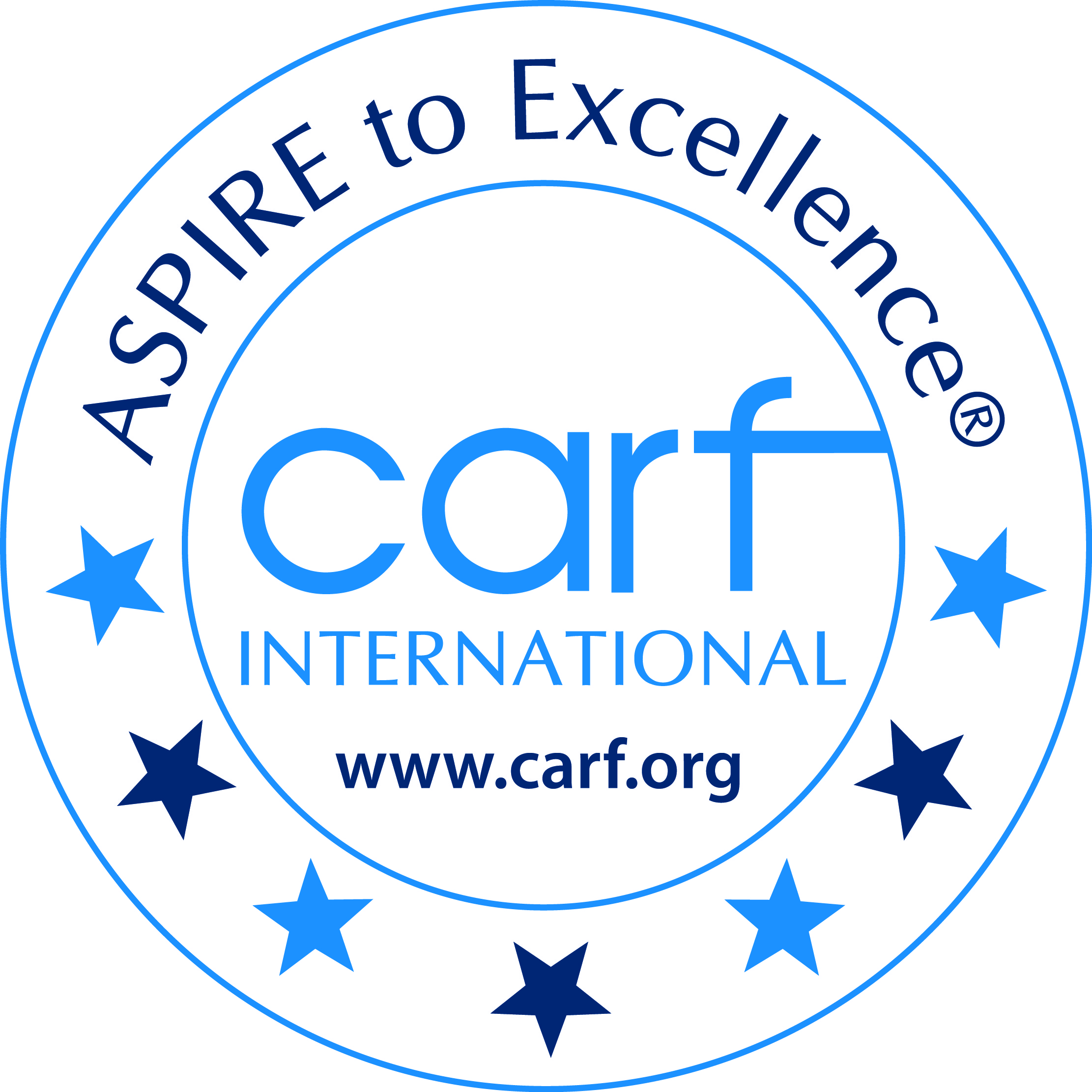 Circular logo with the words “ASPIRE to Excellence®” around the top edge and six blue stars around the border. Inside the circle, the text reads “carf INTERNATIONAL” in blue, with the website “www.carf.org” below.